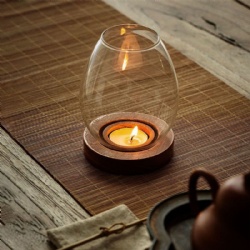 Egg Shape Clear Glass Tealight Holder with Wood Stand Borosilicate Craft