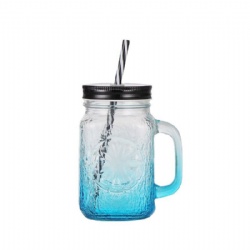 Sea Blue Glass Mason Jar with Plastic Straw