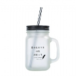 Frost Spray with Words Decor Glass Mason Jar with Plastic Straw