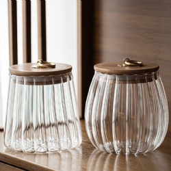 Hight Quality Borosilicate Ribbed Clear Glass Storage Jar with Bamboo Lid