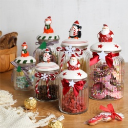 Xmas Candies Clear Ribbed Glass Storage Jar Ceramic Christmas  Lid