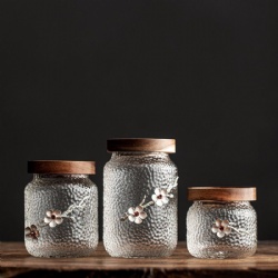 Hand Painted Wintersweet Embossed Glass Storage Jar with Bamboo Lid