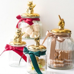 Ribbed Glass Storage Jar with Good Quality Electroplate Gold Ceramic Animal Lid with