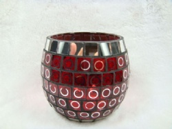 Red with Silver Circle Round Mosaic Candle Holder