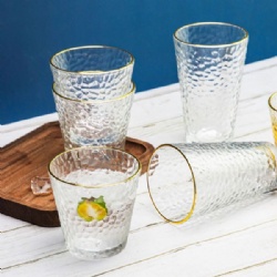 Embossed Clear Glass Cup with Gold Rim