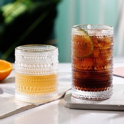 Retro Nordic Embossed Pearl Point Clear Glass Drinking Cup with Gold Rim