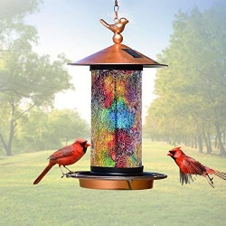 Amazon Hot Selling Rainbow Mosaic Crackle Solar Bird Feeder with Waterproof Copper Bird Stand