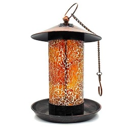 Beautiful Orange Color Hanging Mosaic Bird Feeder with Gold Metal Stand