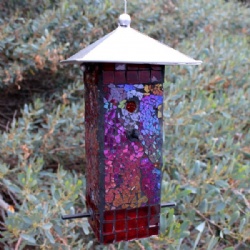 Outside Iridescent Purple Square Mosaic Bird Feeder for Garden