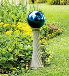 Outdoor Iridescent Dark Blue Glass Gazing Ball with Stone Stand