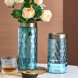Iridescent Blue Oval Cylinder Glass Vase with Copper Lid