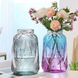 Leaf Embossed Beautiful Glass Flower Vase with Ribbon