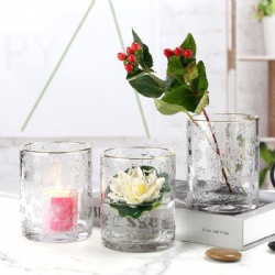 Embossed Clear Cylinder Glass Candle Holder with Gold Rim