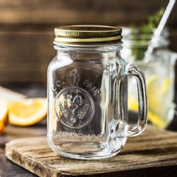 Cock Embossed Clear Glass Mason Jar with Gold Lid